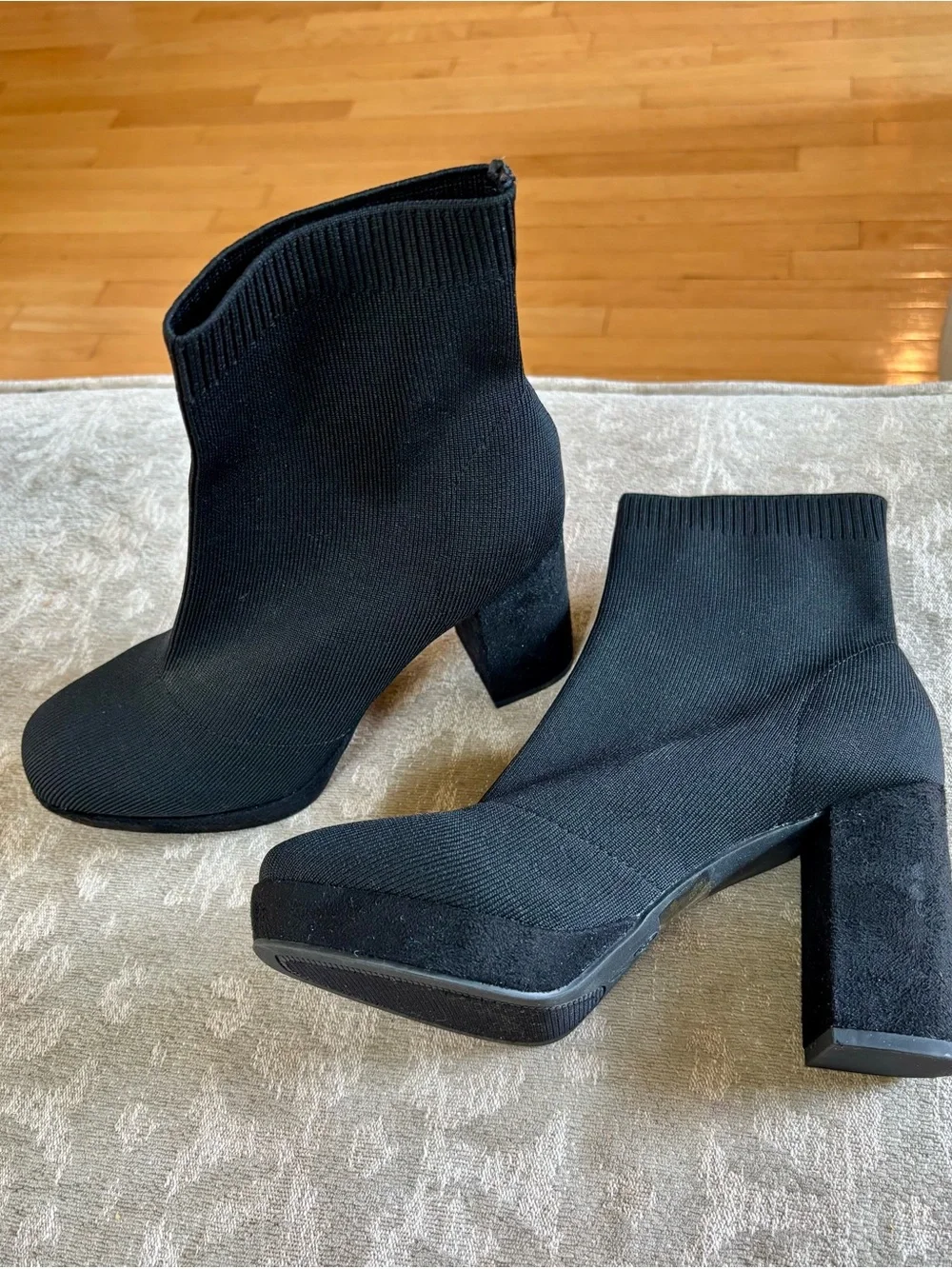 MIA Black Stretch-Knit Block Heel Ankle Booties